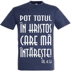 Tricou unisex albastru denim, Pot totul in Hristos